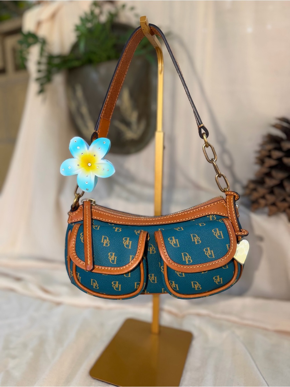 Dooney & Bourke Teal and Brown Double Pocket Shoulder Bag
